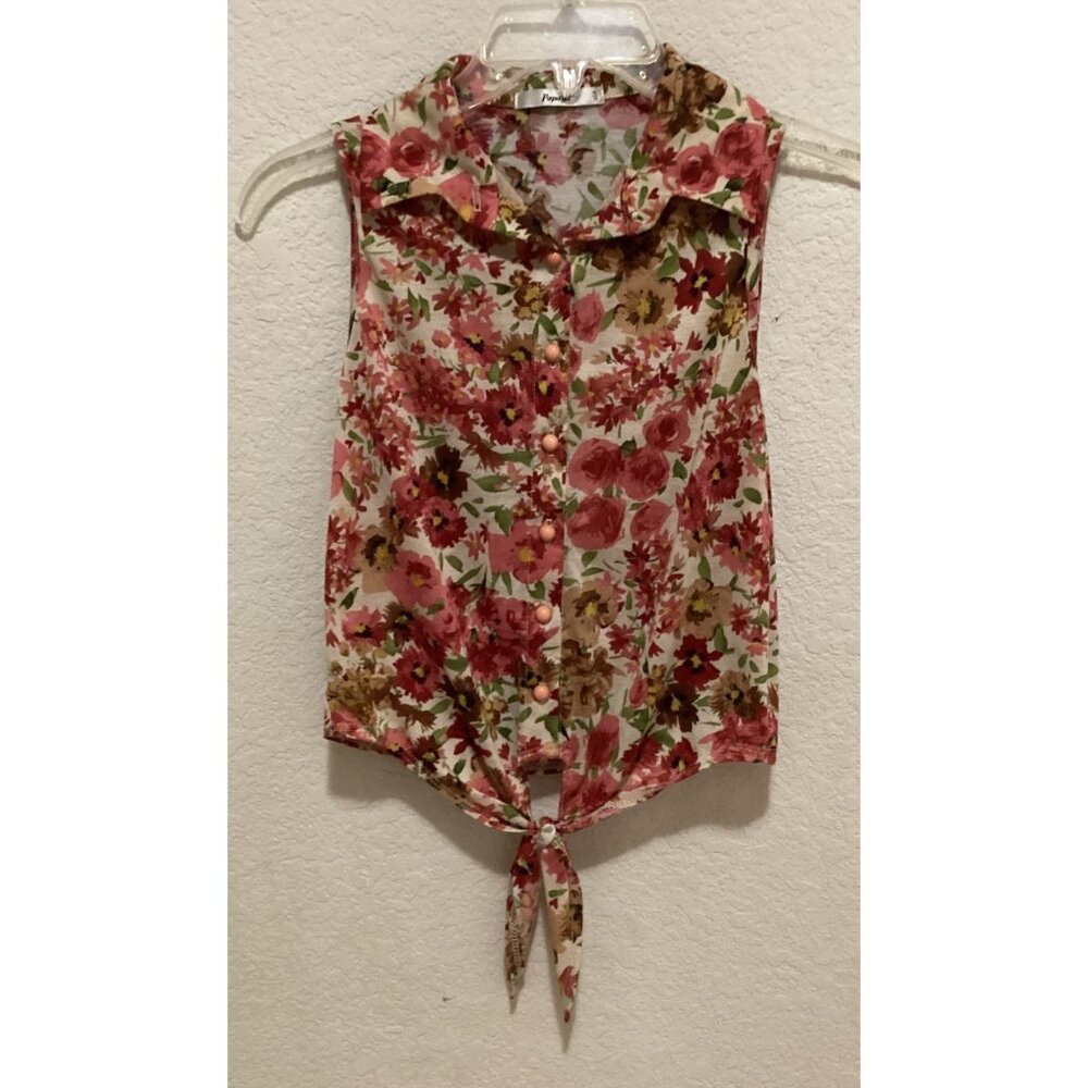 Papaya Floral Sleeveless Button-Down Tie-Front Blouse Size S